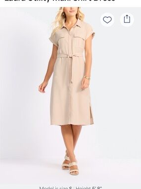 Utility Shirt Midi Dress in Beige with Self-Tie Waist